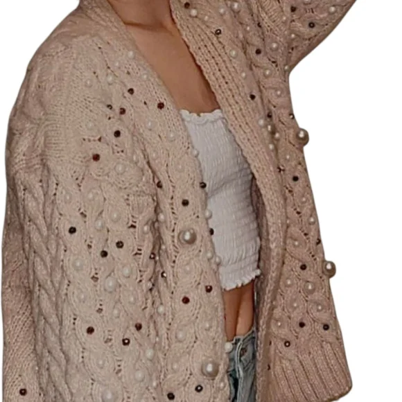 Bibi Boutique Brand Twisted Knit Open Cardigan With Pearls M - Picture 11 of 12
